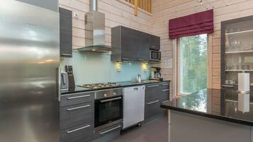 Fridge, microwave, dishwasher, cookware/dishes/utensils