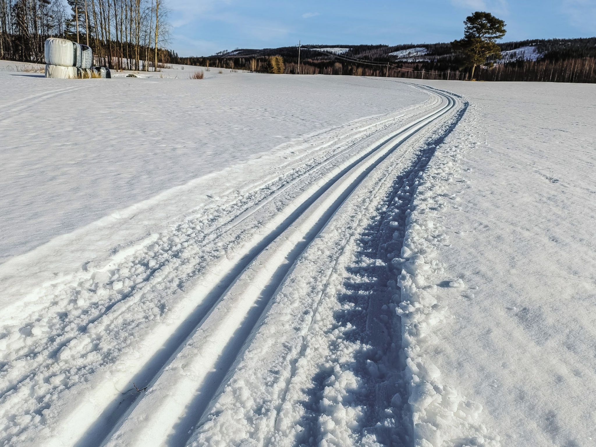 A snow-covered landscape with tire tracks.
