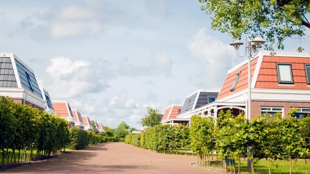 Une rangée de maisons modernes dotées de panneaux solaires, un chemin pavé et des haies soigneusement taillées.