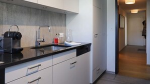 Une cuisine moderne avec un plan de travail noir, un évier en acier inoxydable et des meubles blancs.