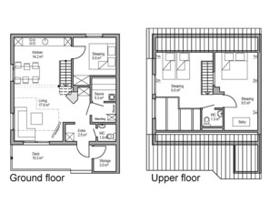 A floor plan of a house with a ground floor and an upper floor, including rooms like a kitchen, sleeping areas, and a bathroom.