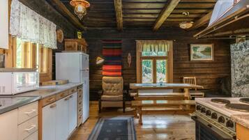 Fridge, microwave, dishwasher, cookware/dishes/utensils