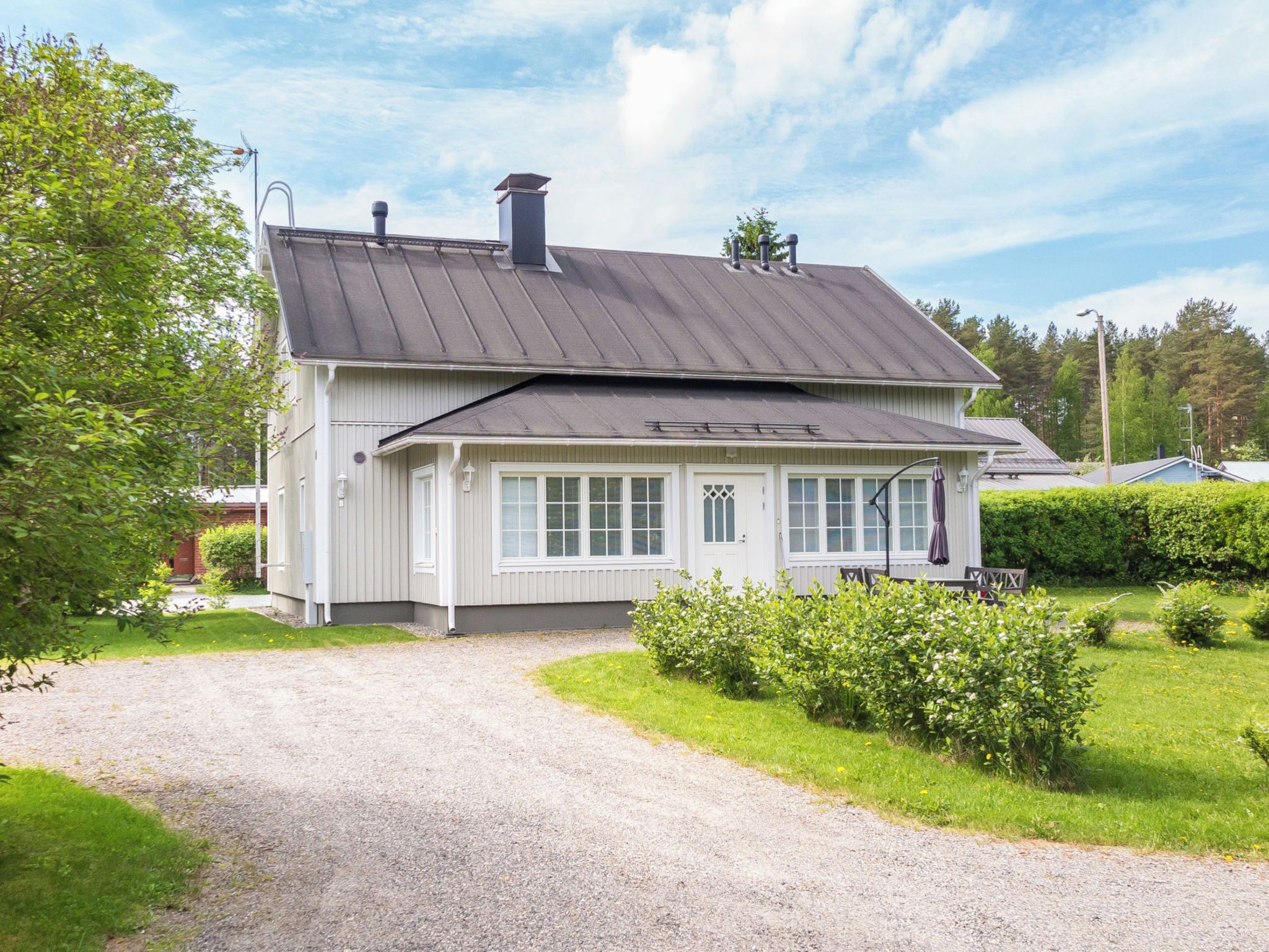 A two-story house with a gravel driveway leading to a front door, surrounded by greenery and a clear sky.