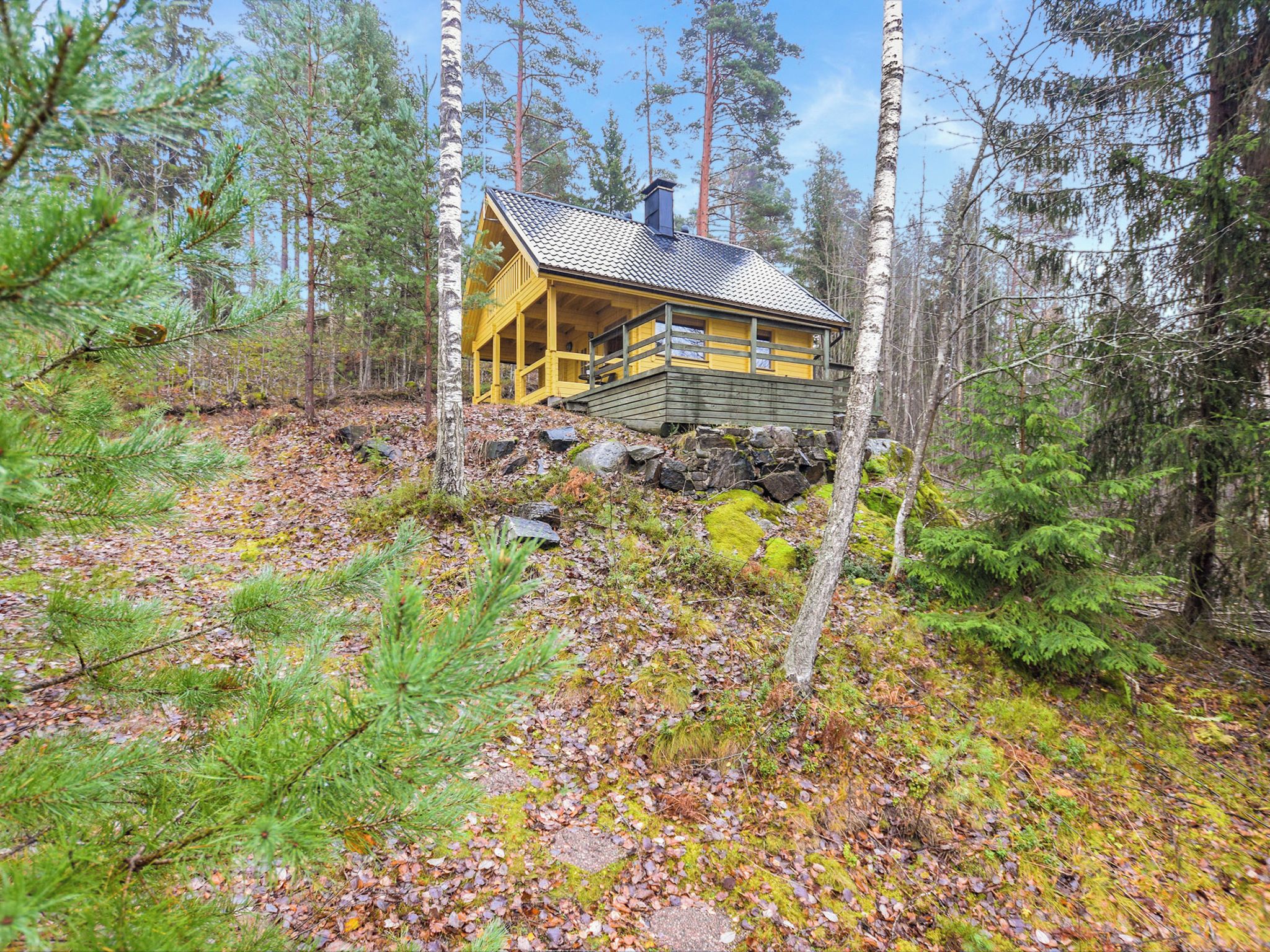 Eine Hütte mit einer Veranda, umgeben von einem Wald.