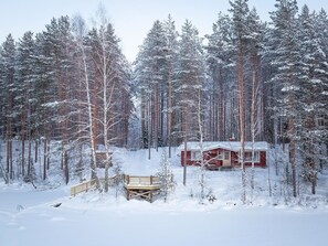 Une cabane entourée d’une forêt enneigée.