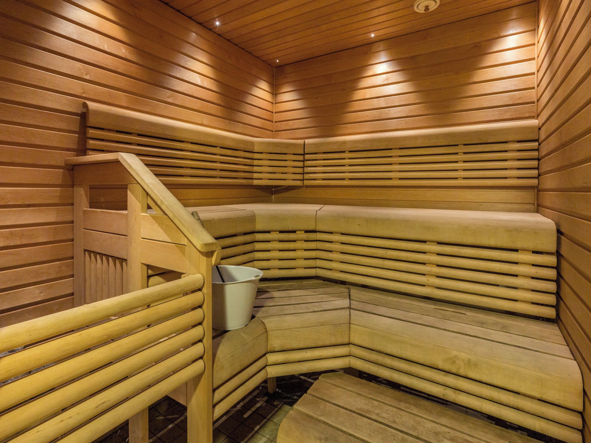 A sauna with wooden benches and a metal ladder.