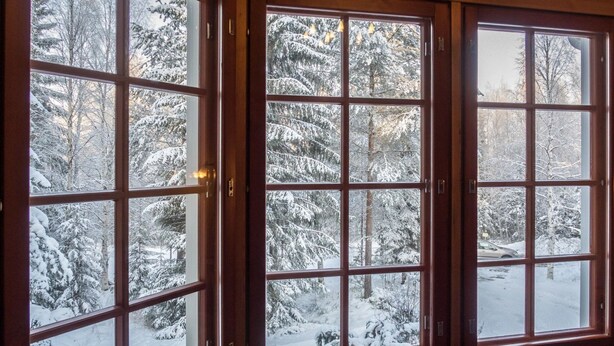 Una habitación con amplios ventanales que dan a un bosque nevado.