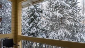 Una terraza de madera con vistas a árboles nevados.