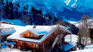 A wooden cabin with a sloped roof, surrounded by snow-covered mountains and trees. - Am Bächli by Interhome (Feutersoey)