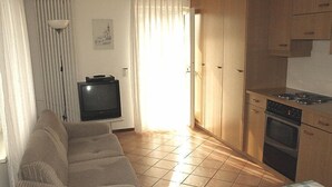Ein gemütlicher Wohnraum mit Sofa, Fernseher, Küchenzeile mit Schränken und Herd sowie Esstisch mit kariertem Tischläufer.