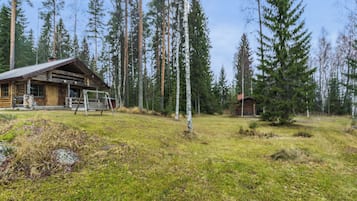 A rustic cabin with a wooden exterior, surrounded by a grassy field and tall pine trees.