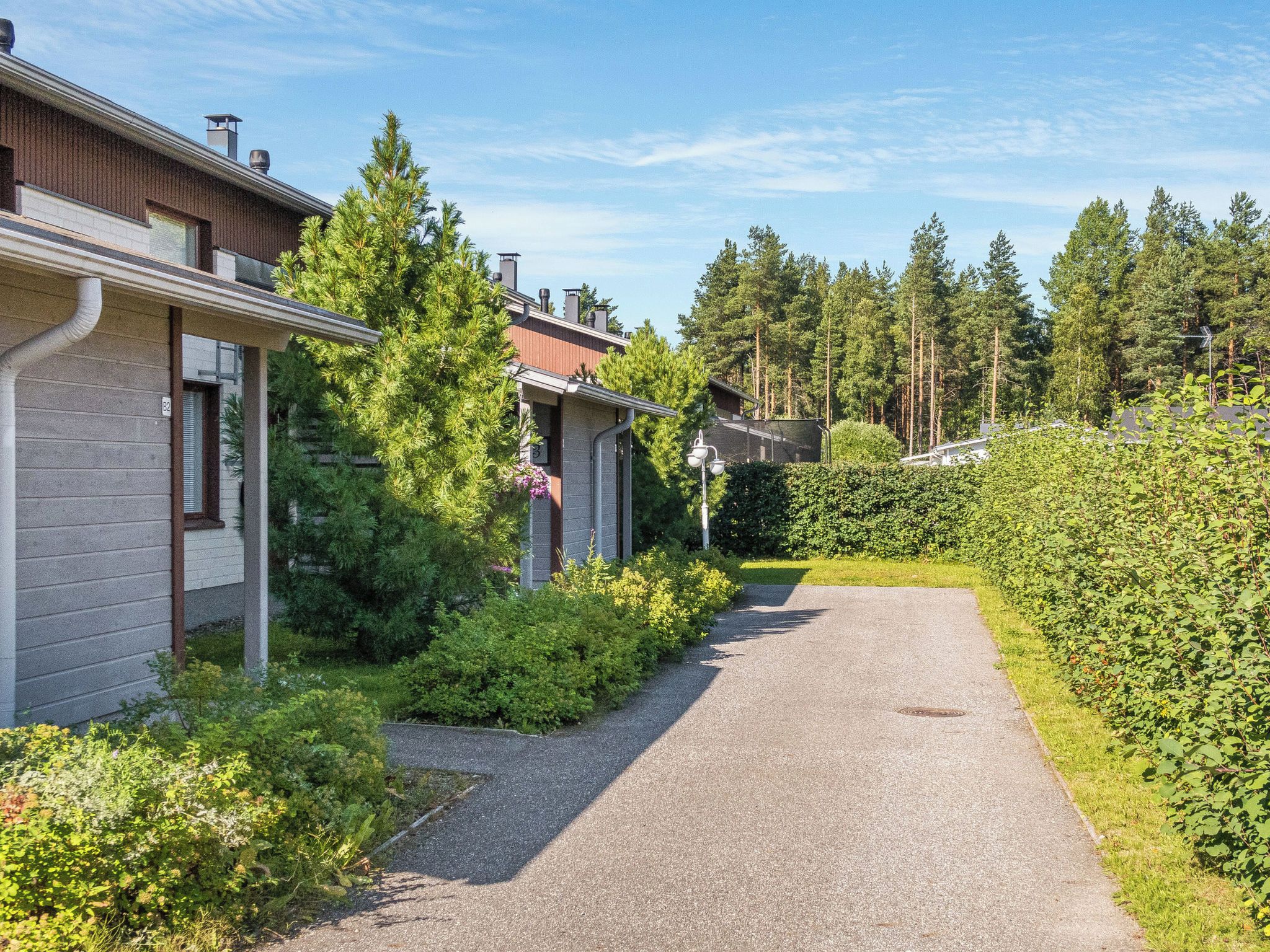 Un sentier qui mène à une rangée de maisons, avec une forêt en arrière-plan.