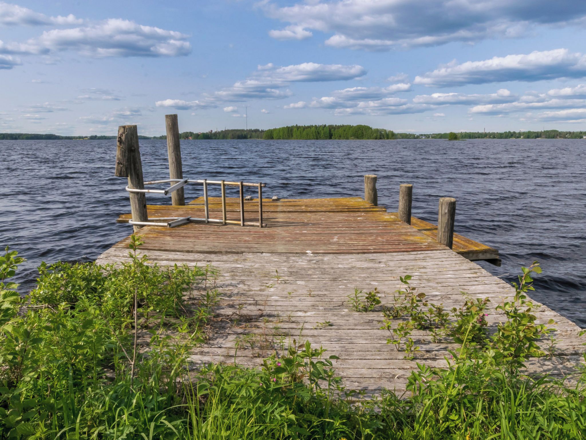 A wooden dock extending into a body of water with a metal railing and a grassy foreground.