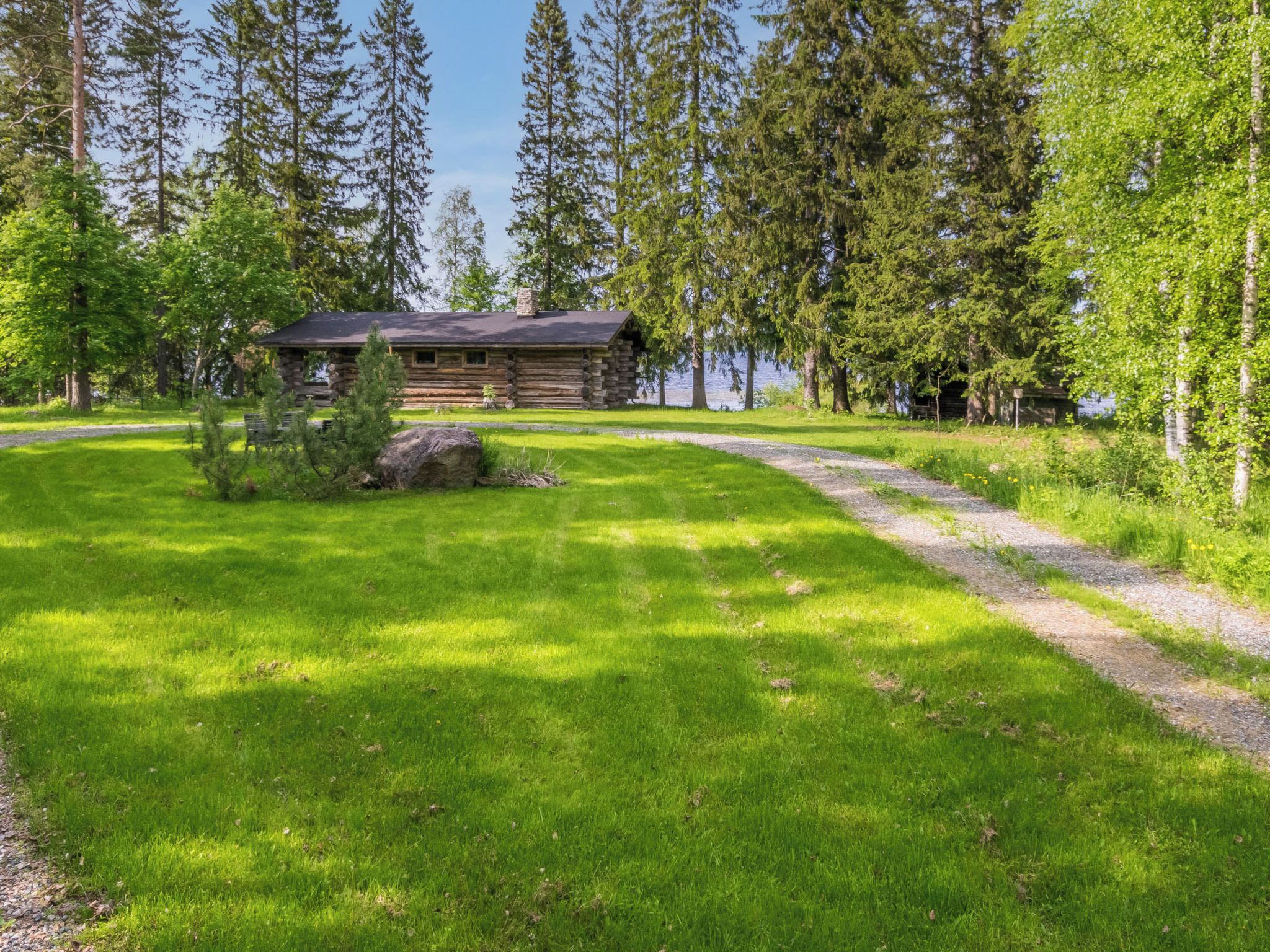 A log cabin with a gravel path leading to it, surrounded by lush greenery and tall trees.