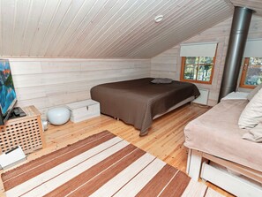 A bedroom with a bed, a sofa, a TV, and a heater.