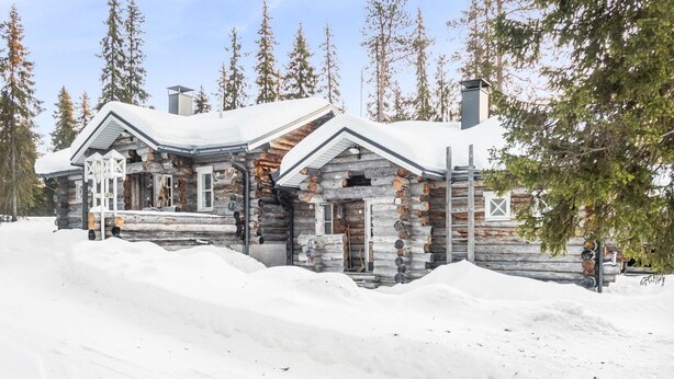 A log cabin with a stone entrance and a snow-covered roof, surrounded by trees and snow.