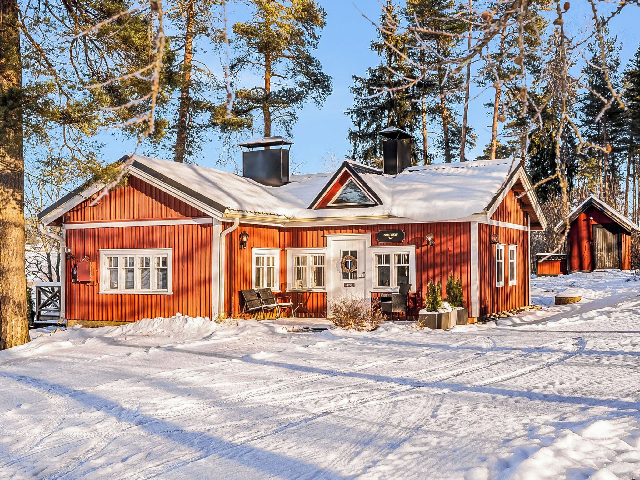 Punainen puinen mökki, jonka katto on lumen peitossa, ja jonka ympärillä on puita.