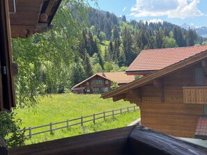 A wooden cabin with a red-tiled roof, surrounded by a lush green meadow and dense forest.