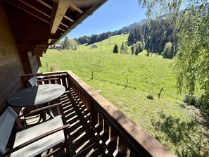 A wooden deck with a table and chairs, overlooking a green field and forested hills.