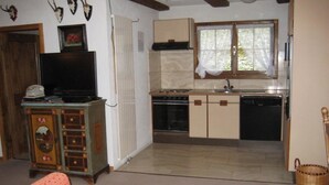 Un espacio habitable compacto con kitchenette, televisión y sofá.
