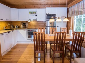 Fridge, microwave, dishwasher, cookware/dishes/utensils