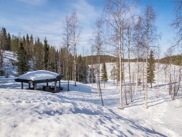 A snow-covered outdoor area with a wooden structure, possibly a shelter or pavilion, surrounded by trees and a clear sky.