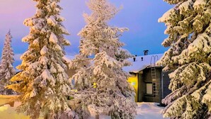 A snow-covered landscape with trees and a building.