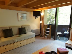 Et hyggeligt værelse med en sofa, et bord med en flaske og en bog, et fjernsyn og et vindue med udsigt over grønne områder.