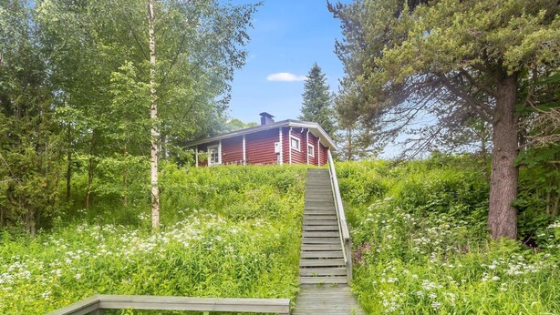 En træpromenade fører hen til en hytte omgivet af frodig vegetation og hvide blomster.