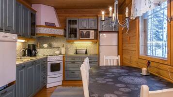 Fridge, microwave, dishwasher, cookware/dishes/utensils