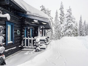 A log cabin with a porch, surrounded by snow-covered trees.