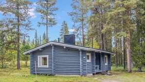 A log cabin with a gabled roof, two windows, and a chimney.
