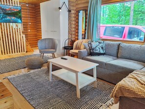 Interior acogedor de una cabaña con sofá, sillón y televisor montado en una pared de madera.