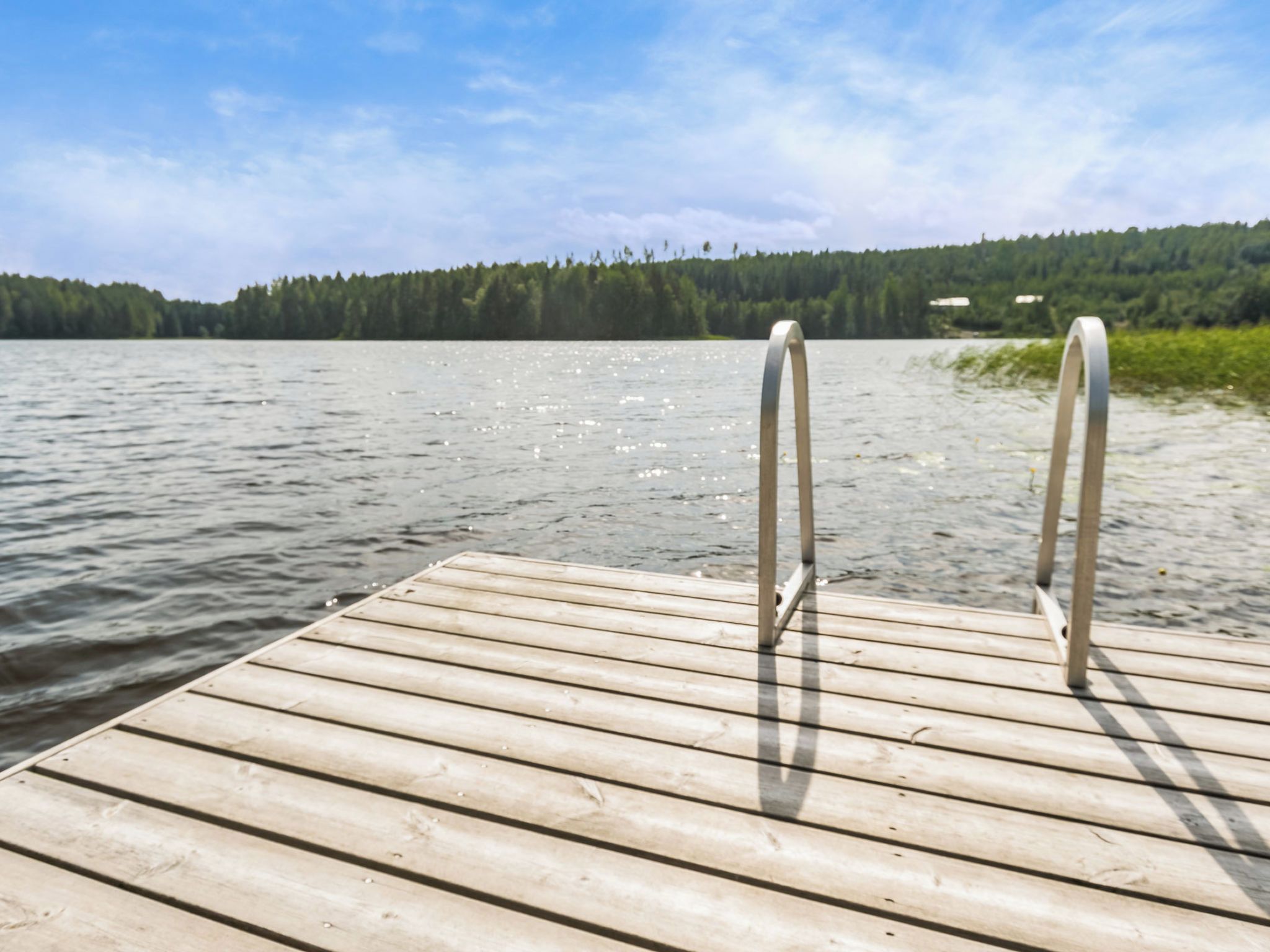 A wooden dock extending into a body of water with a forested shoreline in the background.