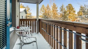 Ein überdachter Balkon mit Metallstühlen und einem Tisch, der auf eine verschneite Landschaft mit Bäumen blickt.