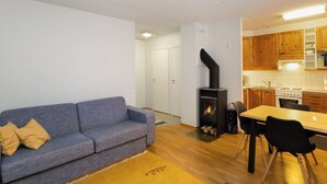 Un espacio habitable moderno con un sofá gris, un tapete amarillo, una estufa negra, armarios de madera y una puerta blanca.
