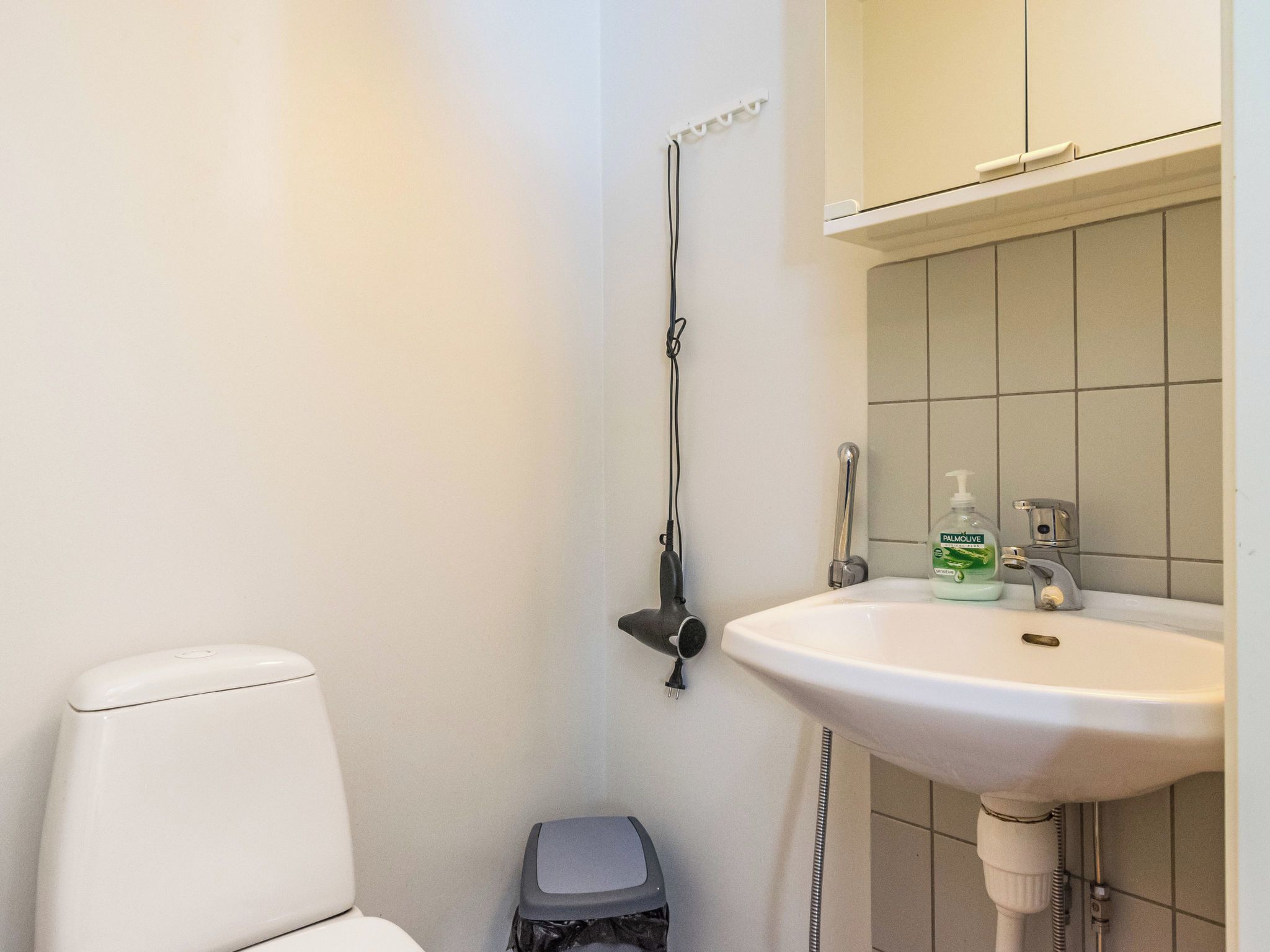 A bathroom with a white toilet, a small trash bin, a shower with a hose, and a sink with a soap dispenser.