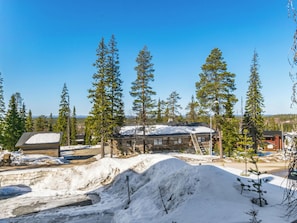 Eine Blockhütte mit schneebedecktem Dach, umgeben von hohen Kiefern und wolkenlosem, blauem Himmel.