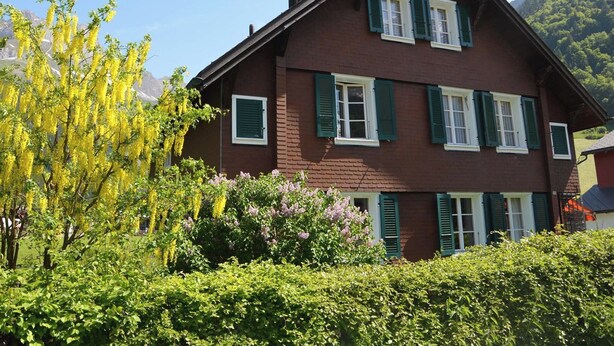 A two-story house with green shutters, surrounded by lush greenery and mountains in the background.