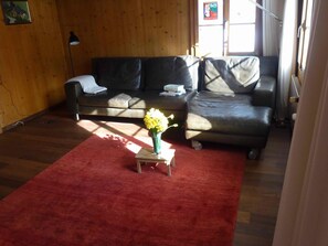 A living room with a red carpet, two sofas, a small table with a vase of flowers, and a lamp.