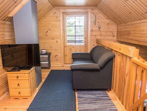 A cozy cabin interior with a television, sofa, and a window.