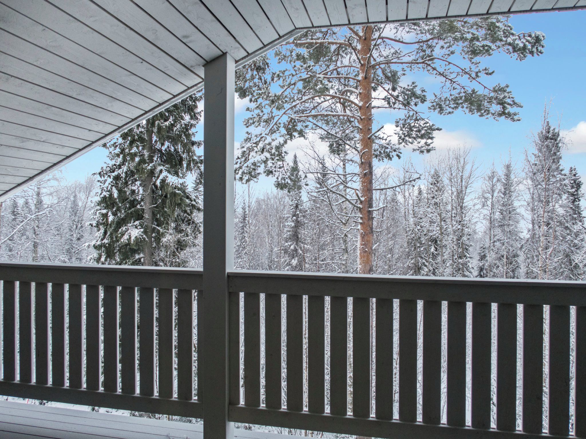 A covered outdoor area with a wooden railing, surrounded by snow-covered trees.