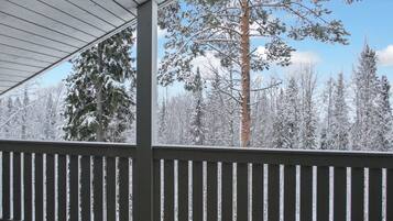 A covered outdoor area with a wooden railing, surrounded by snow-covered trees.