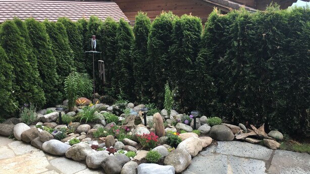 Um jardim com um caminho de pedra, diversas plantas e uma cerca de madeira.