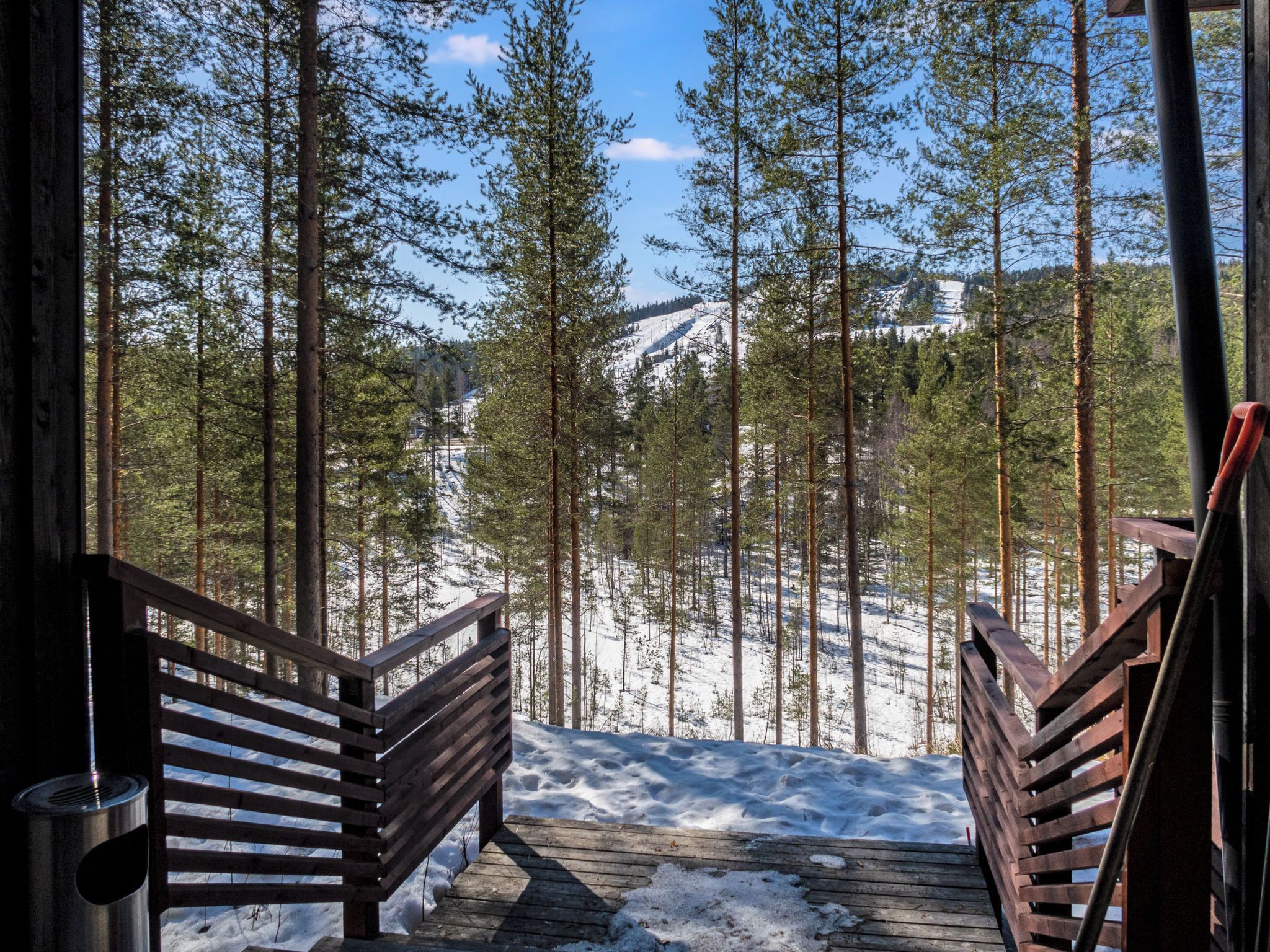 Una scala in legno conduce verso un paesaggio innevato, con una foresta sullo sfondo.