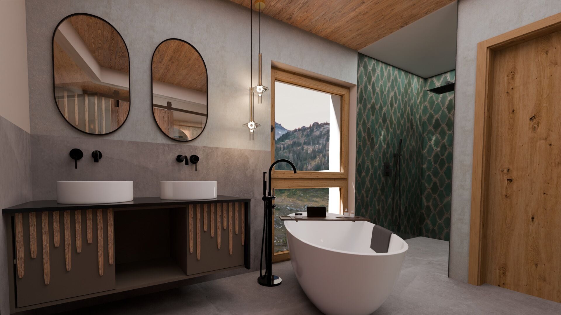 A modern bathroom with two sinks, a freestanding bathtub, and large mirrors.