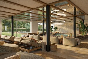 Outdoor pool, pool umbrellas, sun loungers