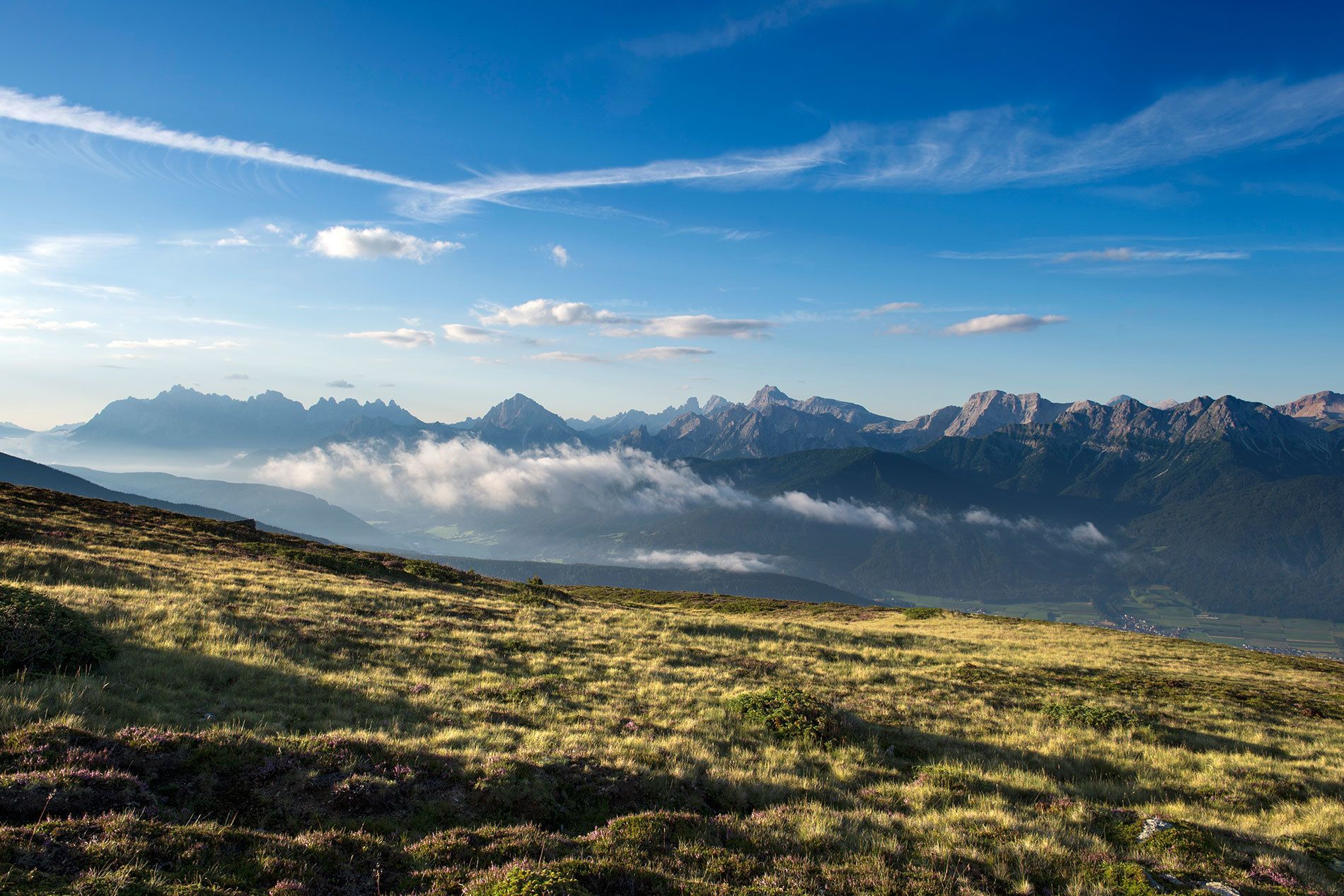 Paisaje montañoso con cielo despejado y un primer plano cubierto de hierba.