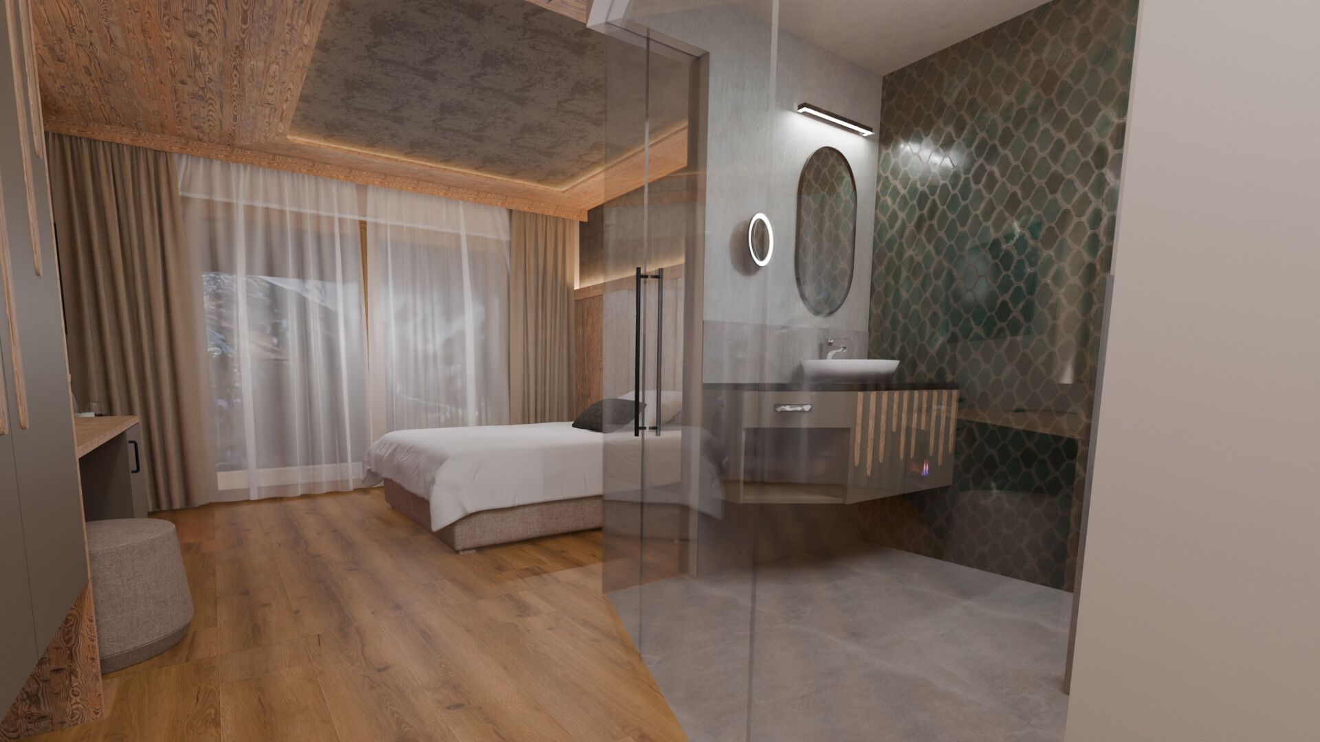 Un dormitorio moderno con piso de madera, una cama con ropa blanca, una pared divisoria de vidrio y un baño con lavamanos y espejo.