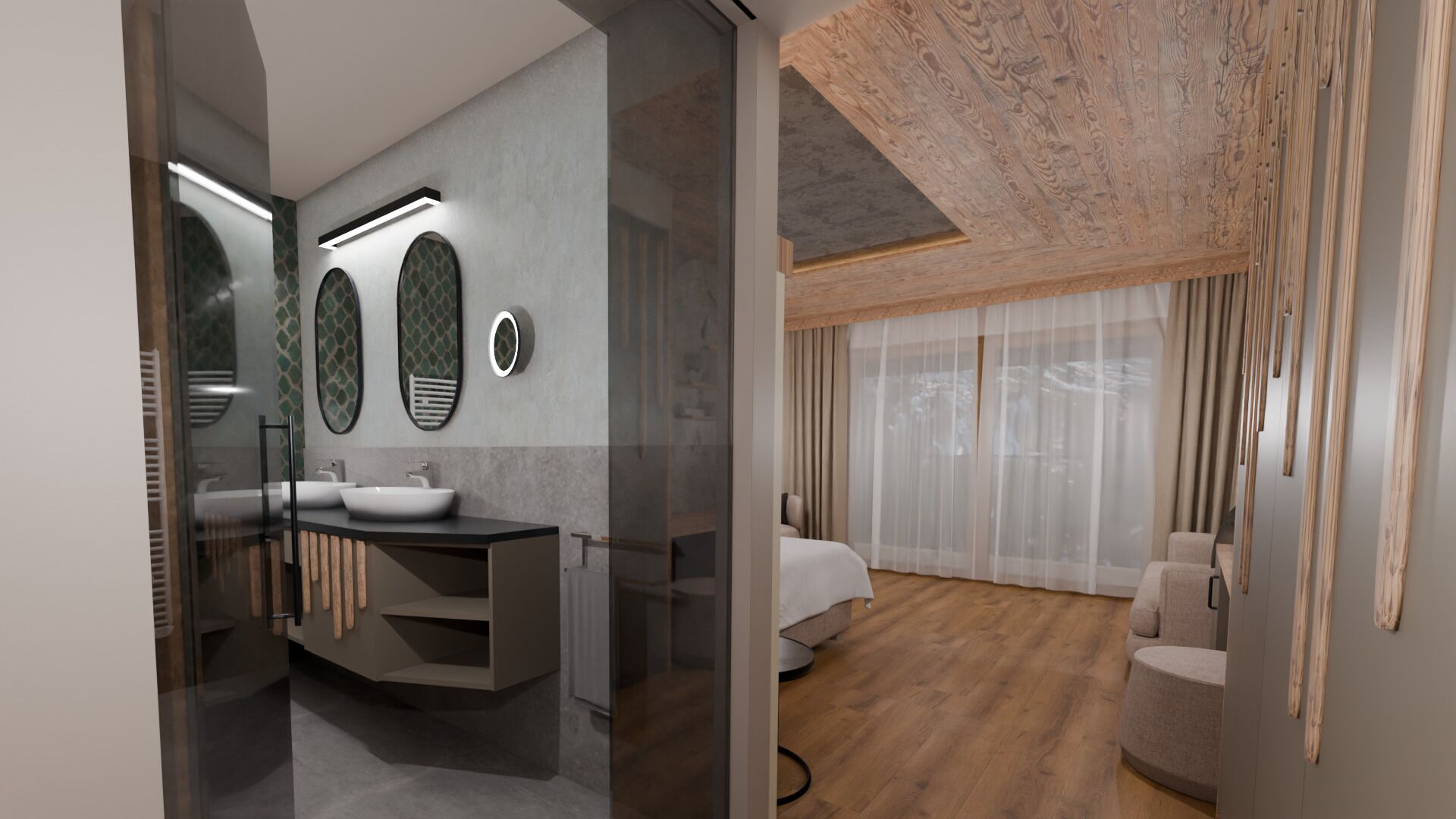 Un bagno moderno con un mobile lavabo, due lavandini e uno specchio.